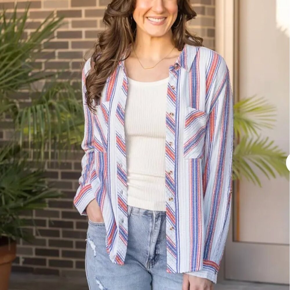 Grace & Lace Favorite Button Up Top in Red-Blue Striped